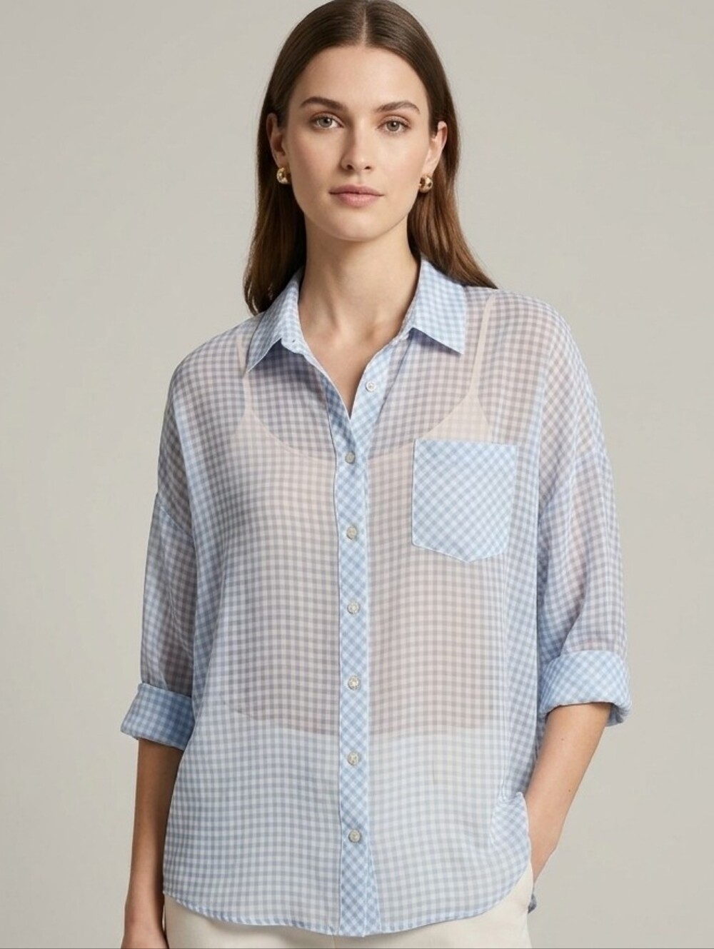 ANGIE Light Blue Gingham Checkered Batwing Sleeve Button Down Top Size M